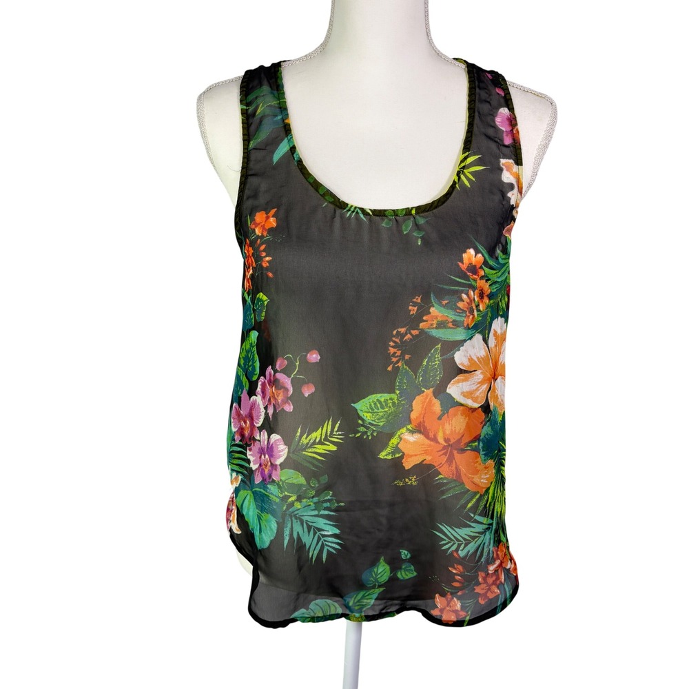 Wet Seal Sheer Tank Top Women's M Hawaiian Surf Multi Tropical Floral Keyhole
